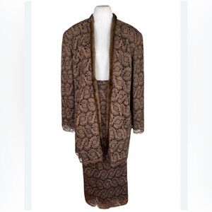 Lily and Taylor Elegant Brown Paisley Lace Jacket and Skirt Set